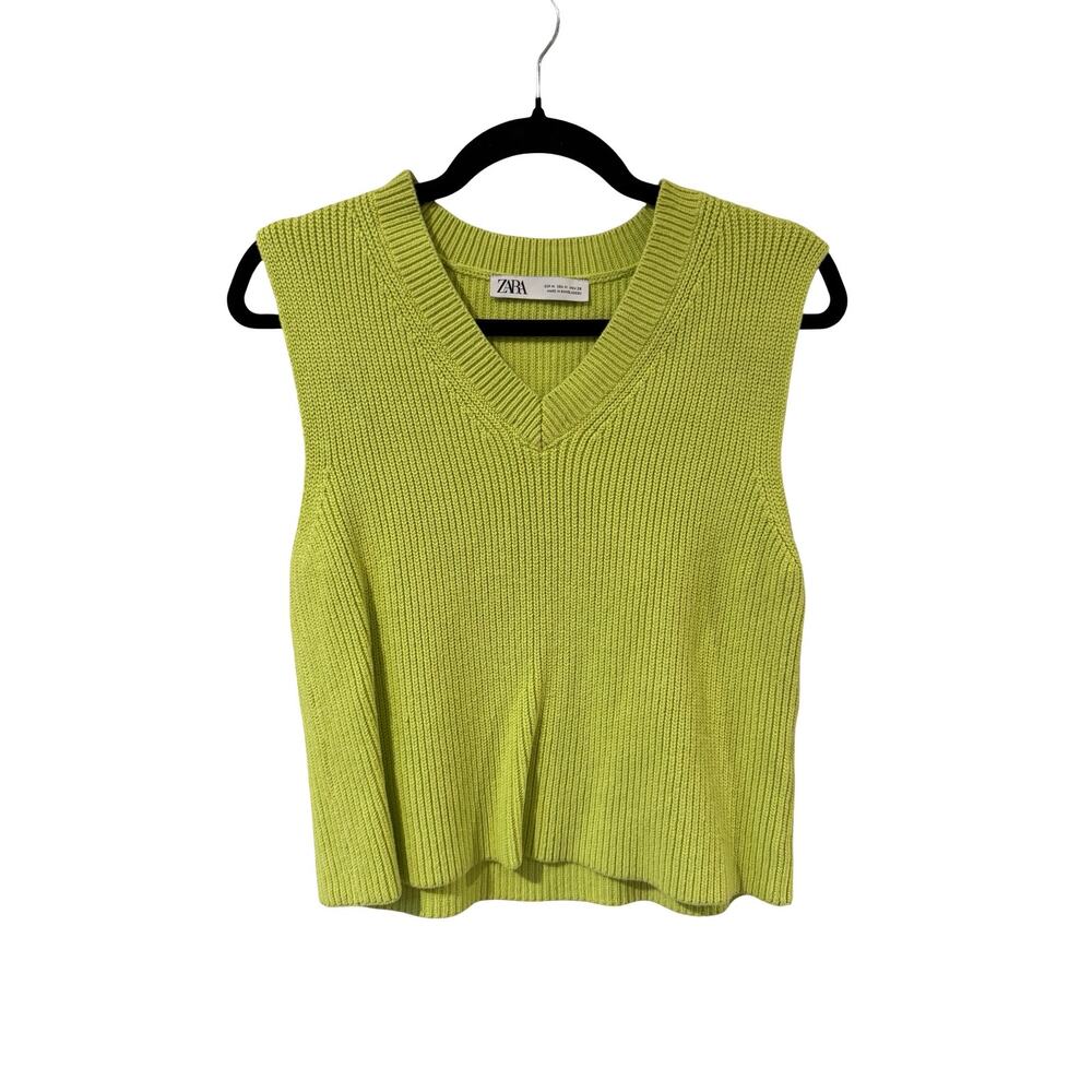 Zara Knit Sweater Vest Green Size M Sleeveless V Neck Ribbed Top